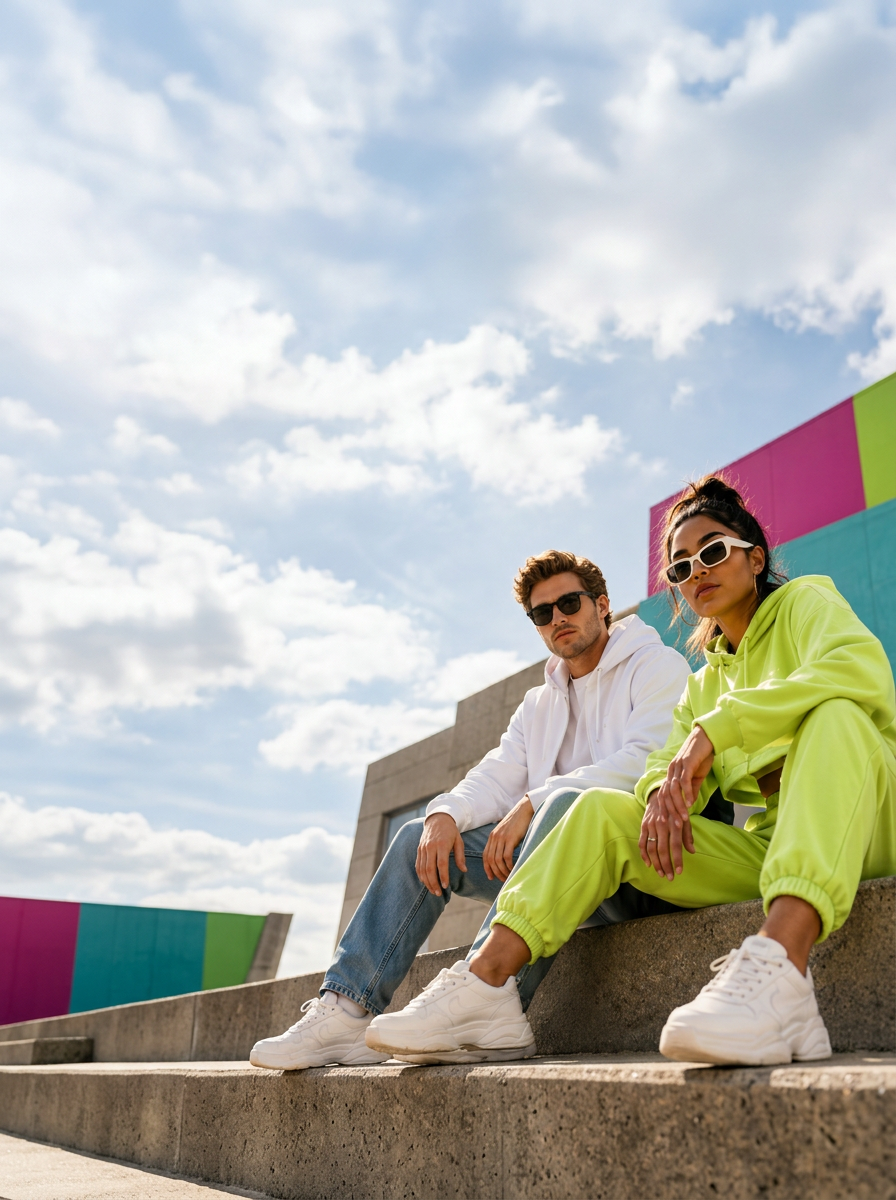 Two fashion models in white and neon-green hoodies sitting against a colorful pink, teal, and green wall
